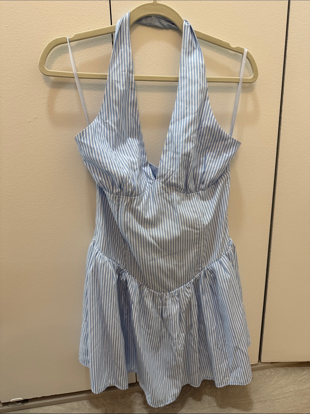 Light Blue & White Striped Halter Mini Dress